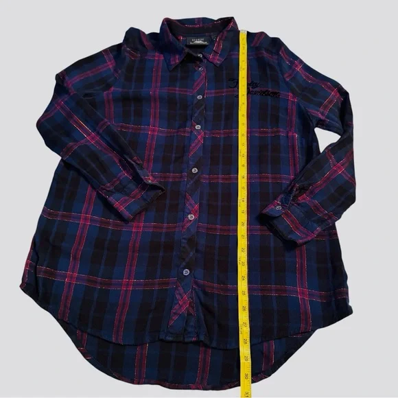 Harley-Davidson Lurex Plaid Flannel Shirt Blue/Red Roses Size Large EUC - Picture 11 of 15